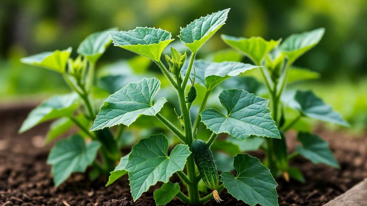 Close-up of bush cucumber plants thriving in a garden bed with green leaves and ripe cucumbers."