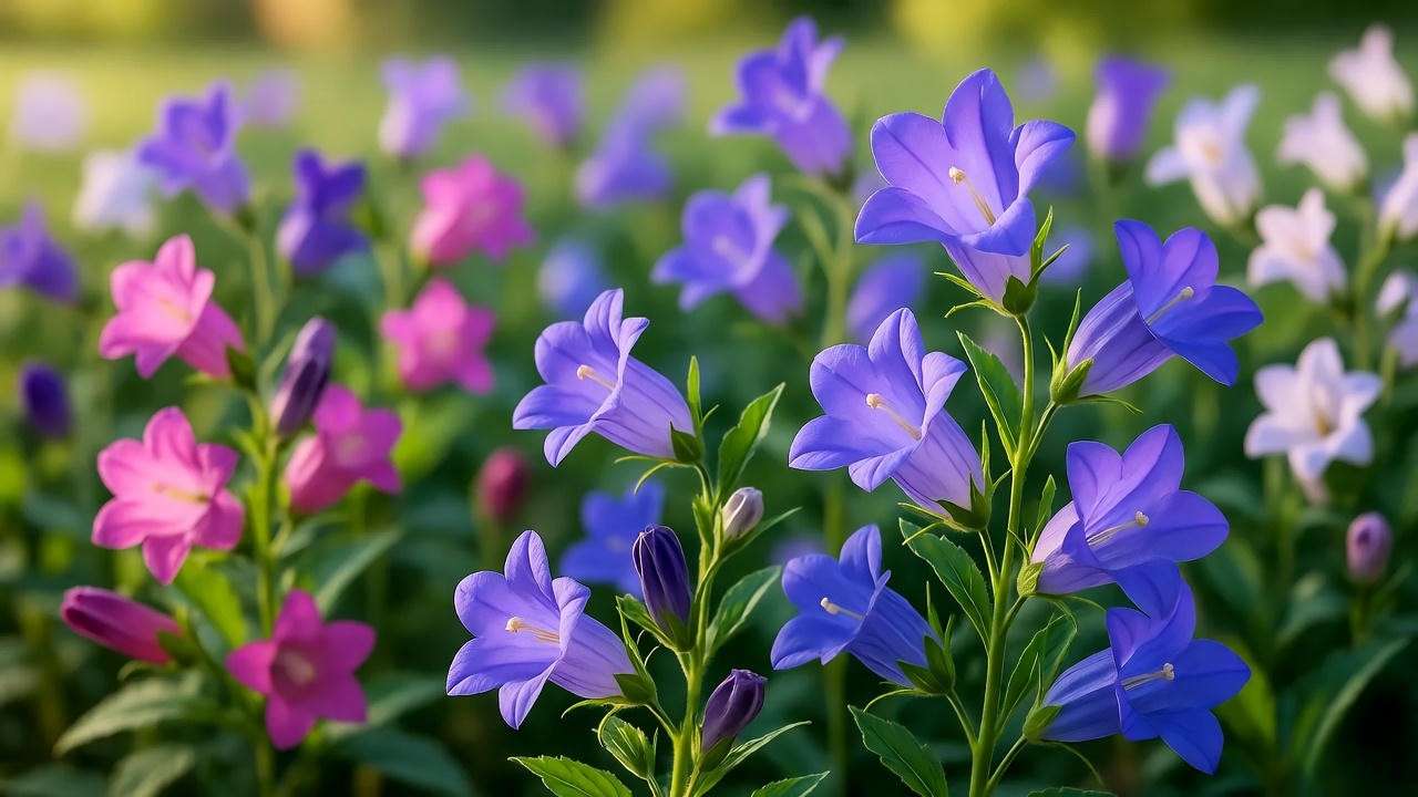Close-up of Canterbury bells flowers in pink, purple, blue, and white in a garden setting."