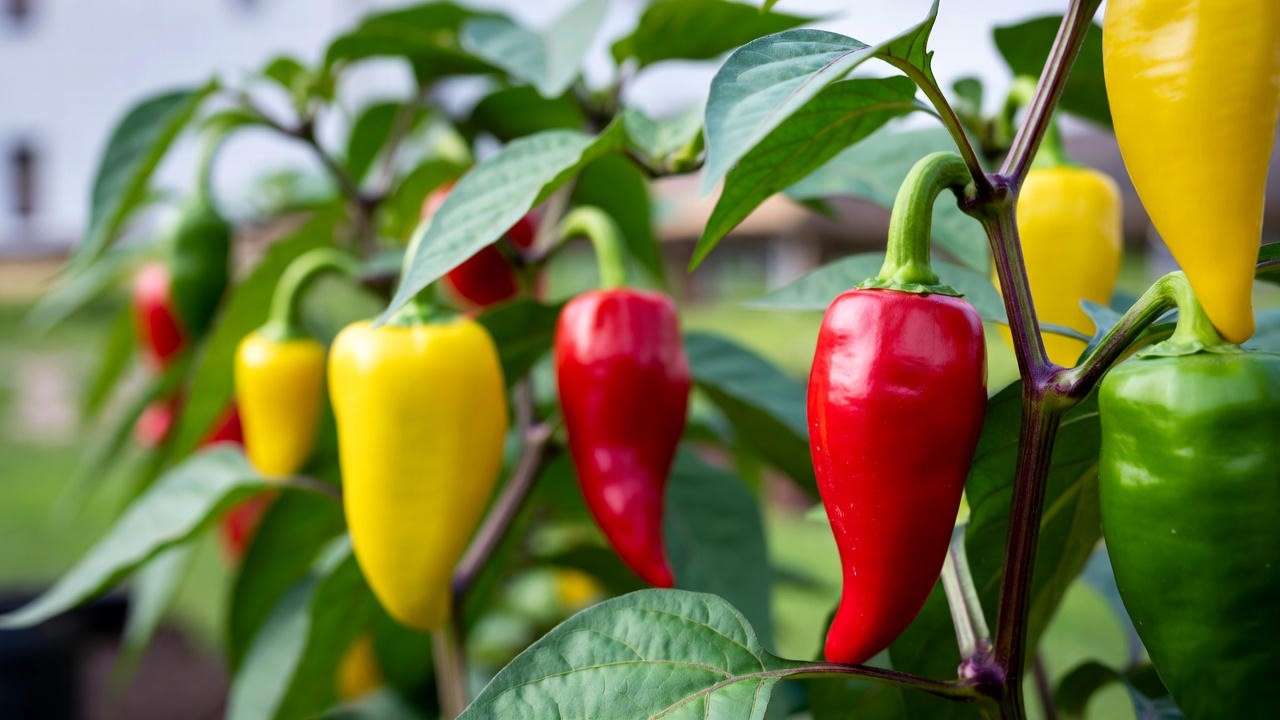 Close-up of vibrant cherry hot pepper plants with red, yellow, and green peppers in a garden."