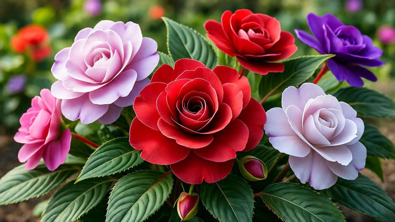 Close-up of vibrant double impatiens plants with colorful blooms in a shady garden.