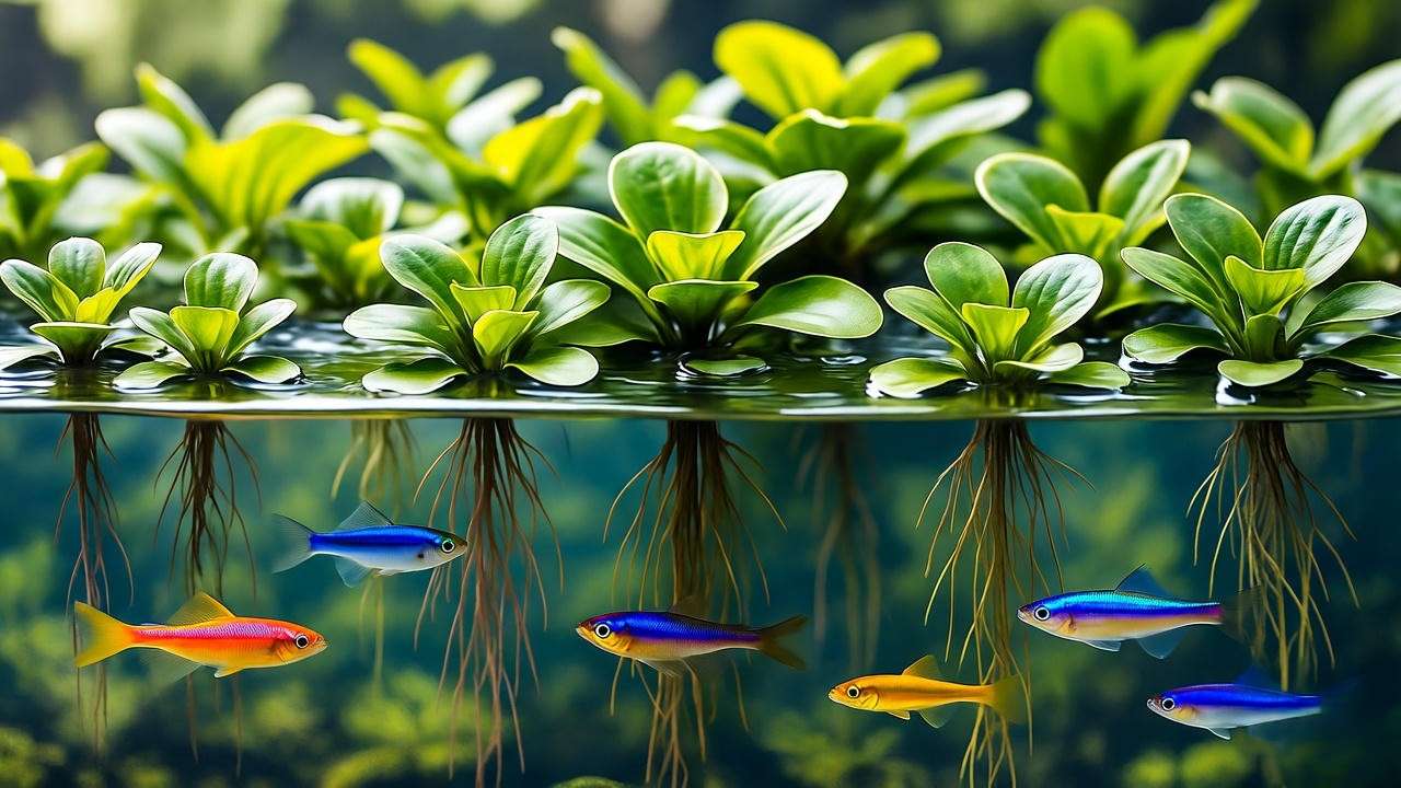 Tropical aquarium with floating aquarium plants like Duckweed and Water Lettuce, showcasing lush greenery and clear water.