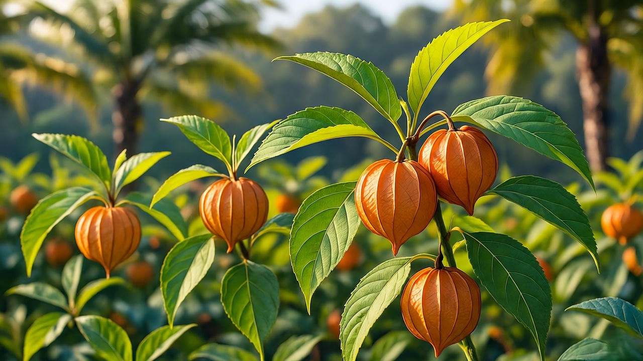 "Close-up of golden berry plants with orange fruits and papery husks in a tropical garden."
