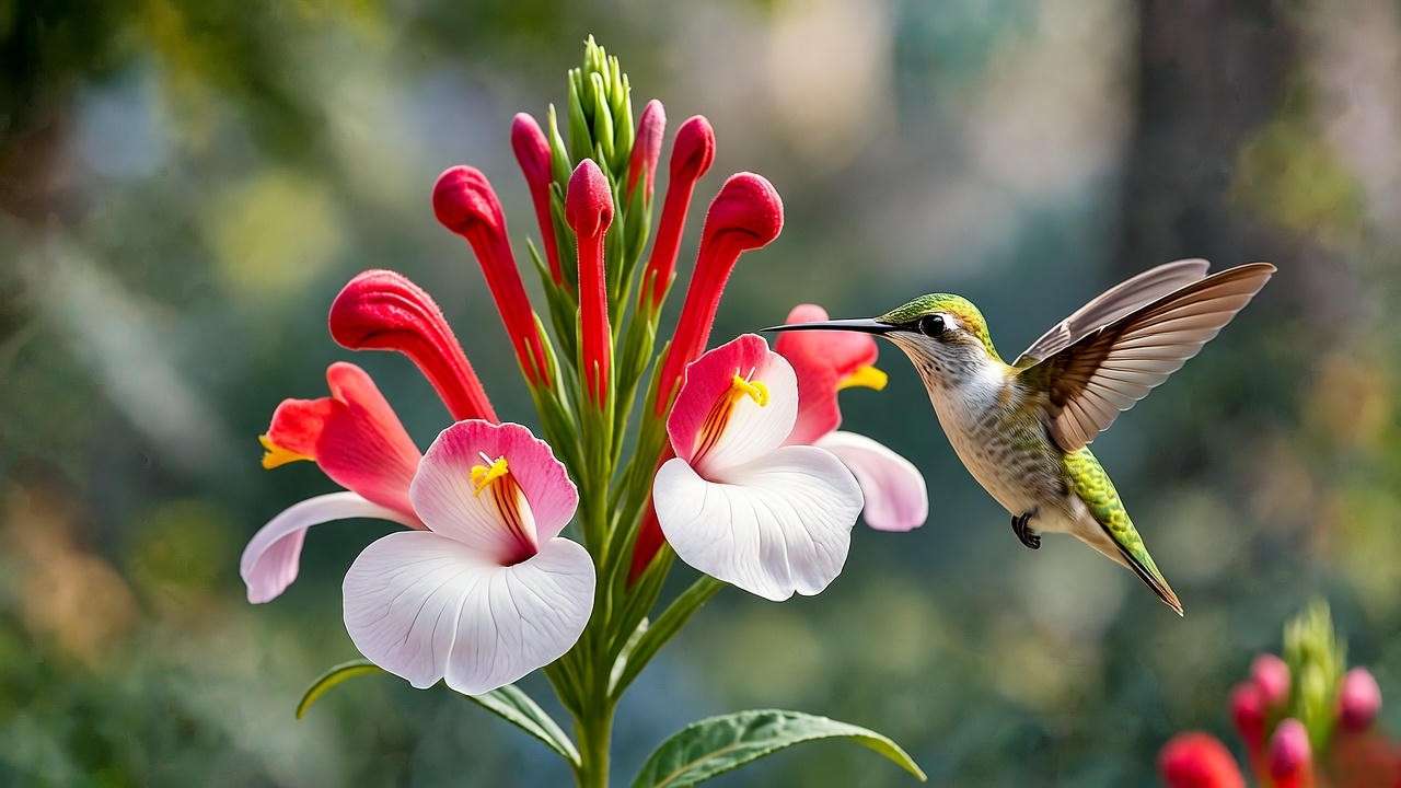 Close-up of Hot Lips plant with red and white blooms and hummingbird in a sunny garden."