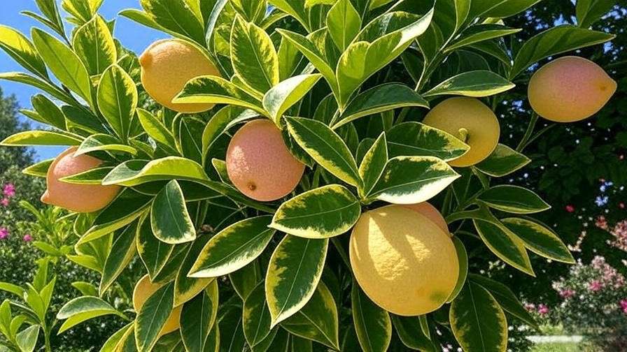"Close-up of pink lemon tree with variegated leaves and pink-yellow lemons in sunny garden."