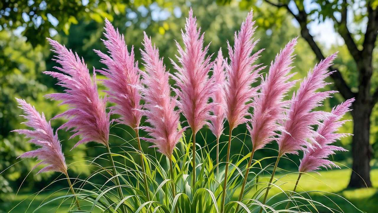 Close-up of pink pampas grass plants thriving in a sunny garden with feathery plumes."