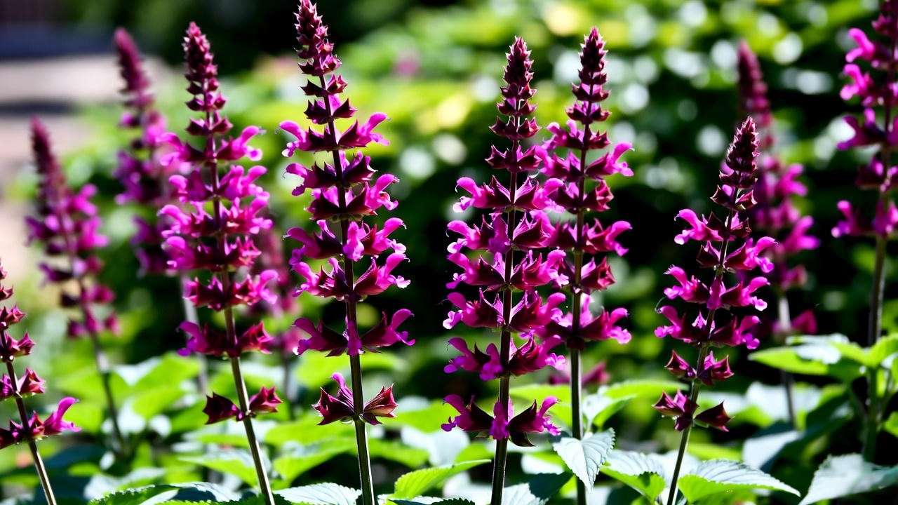 Close-up of vibrant pink salvias in bloom with green foliage in a sunny garden."