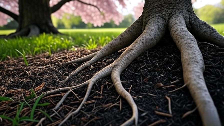 Healthy cherry tree roots in well-drained soil with mulch and blossoms"
