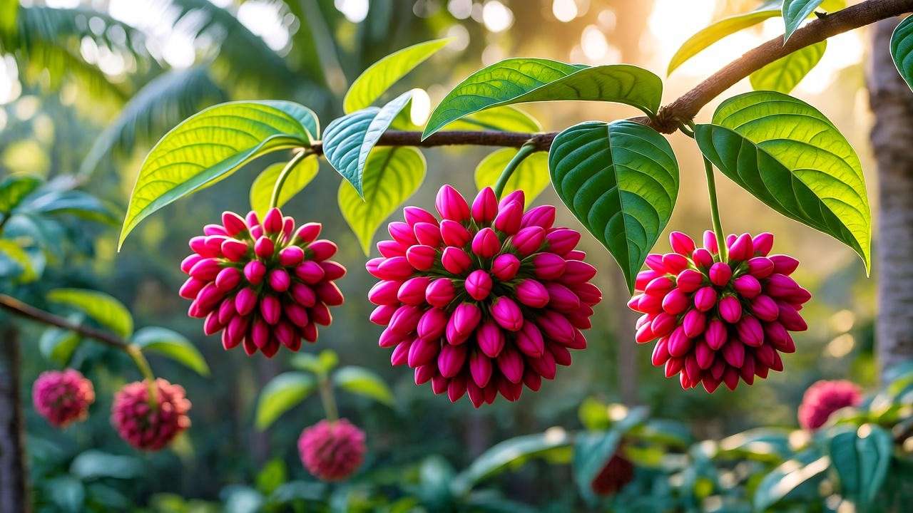 Close-up of Dombeya wallichii pink pom-pom blooms and heart-shaped leaves in morning light