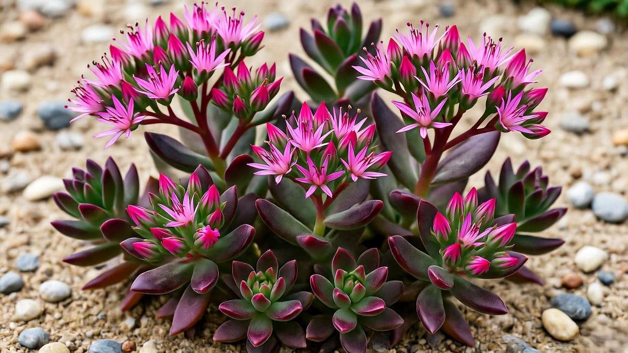 Close-up of Dragon’s Blood Sedum with red-purple foliage and pink flowers in sandy soil."