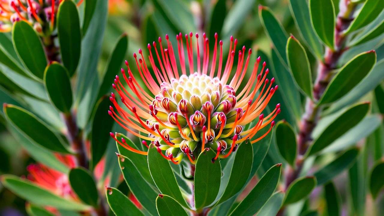 Close-up of a vibrant leucadendron plant with red and yellow bracts in a sunny garden."