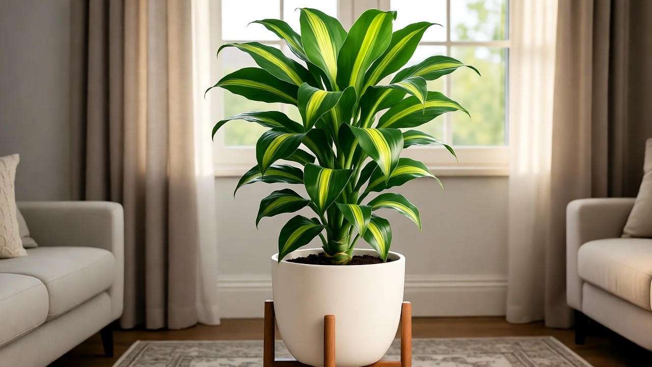 Healthy mass cane plant in a white ceramic pot in a bright living room with indirect sunlight.