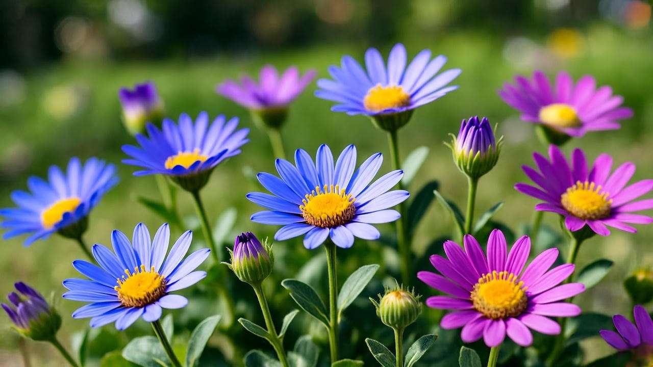 Close-up of a pericallis plant with vibrant blue, purple, and pink flowers in a lush garden."