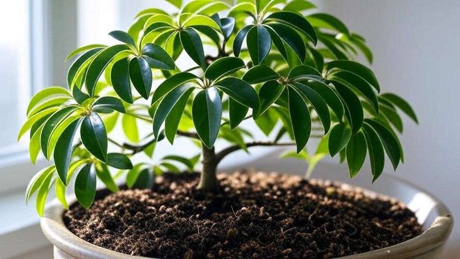 Close-up of a healthy Schefflera bonsai tree with glossy green leaves in a ceramic pot near a window."