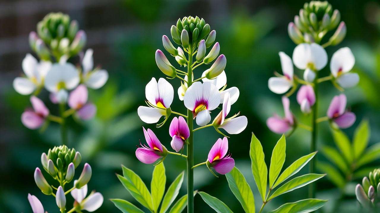 Close-up of a blooming sesame seed plant with white and pink flowers in a sunny garden, showcasing lush green foliage.