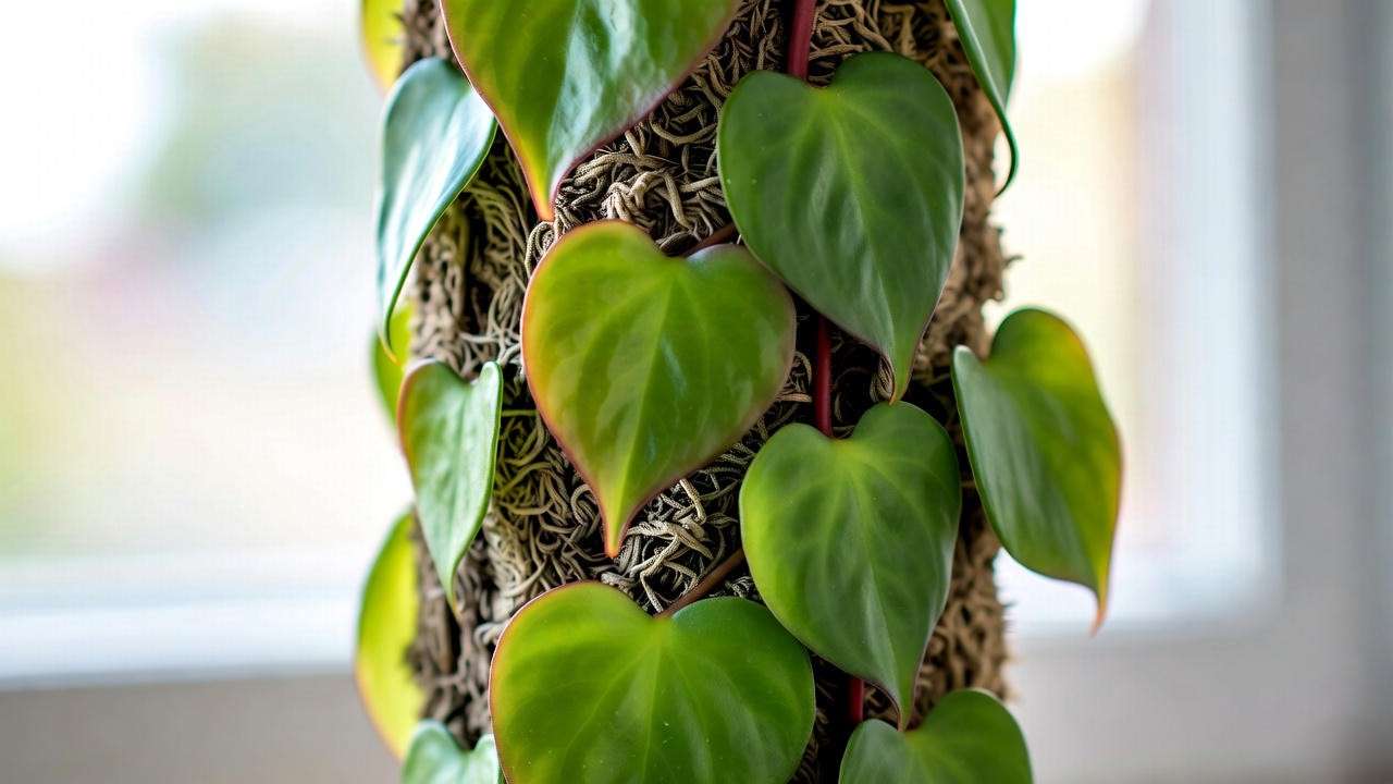 Close-up of shingle plant leaves on moss pole in bright indoor light"