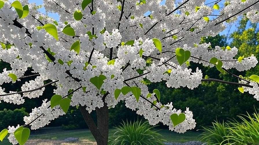 White redbud tree in full bloom with white blossoms and green leaves in a garden setting"