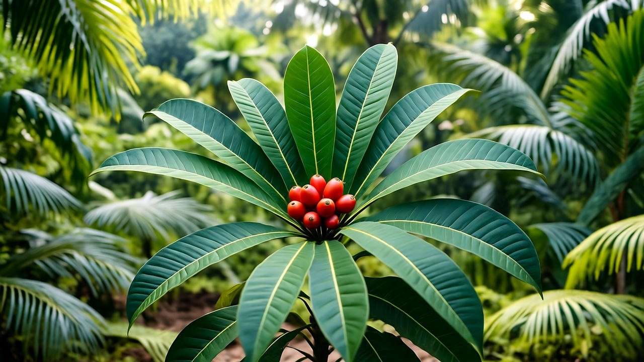Close-up of a batana plant with green leaves and ripe fruit in a tropical forest.