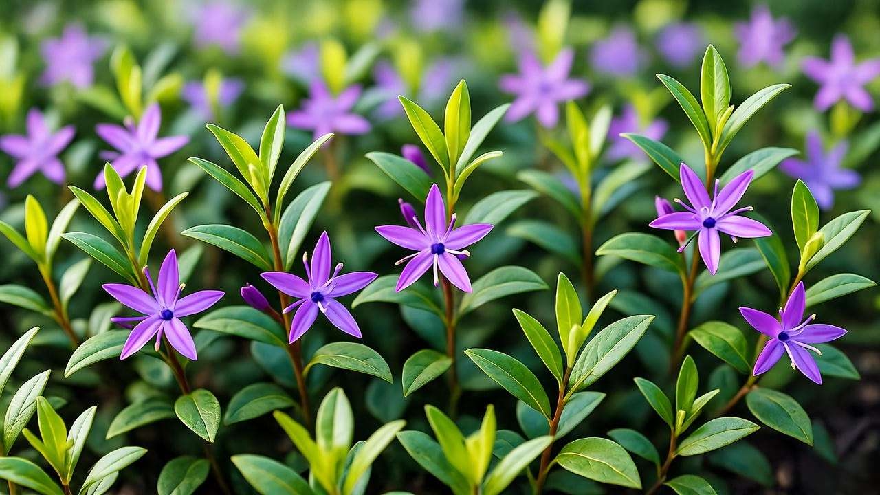 Close-up of creeping myrtle plant with purple flowers and green leaves in a shaded garden.