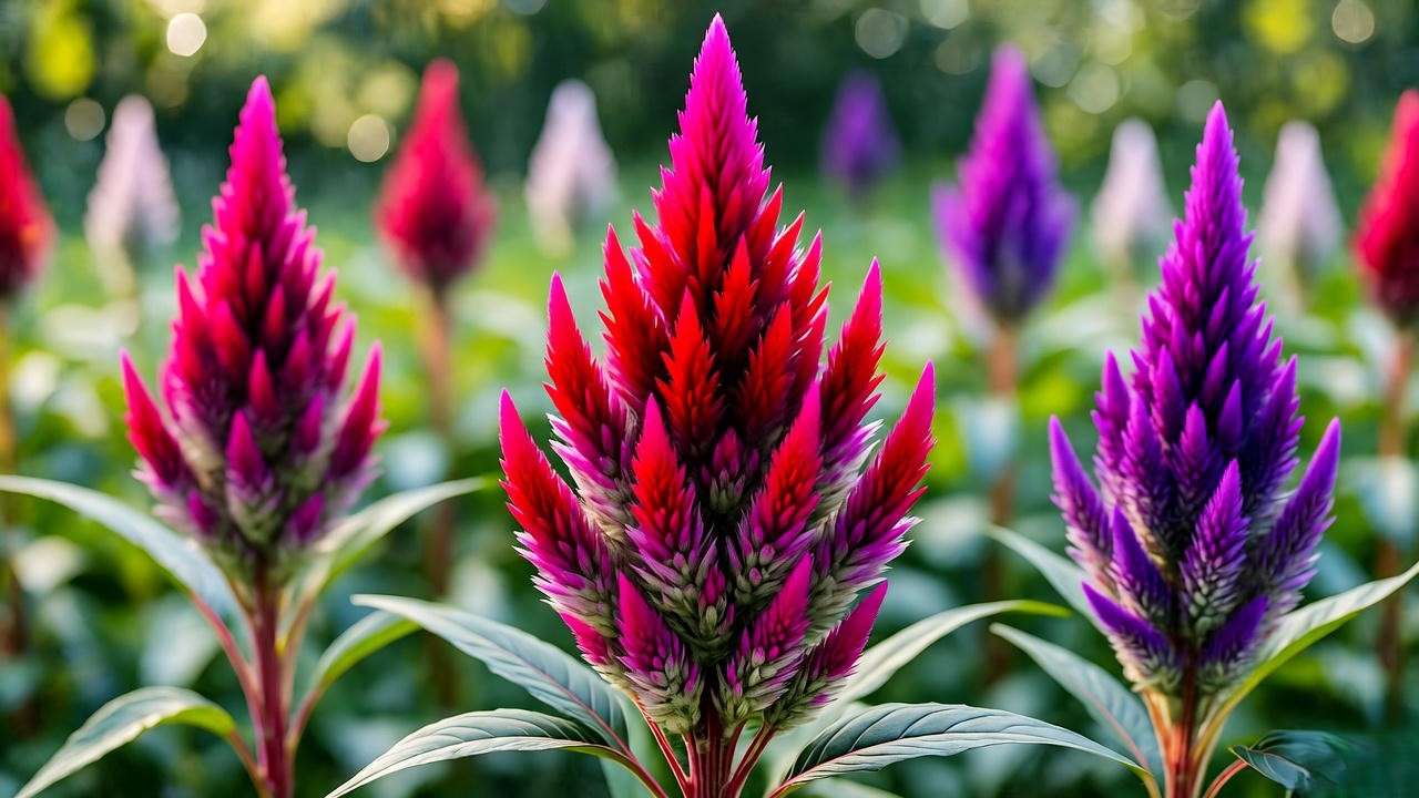 Close-up of vibrant dragon breath plant blooms in red, pink, and purple with lush green foliage'