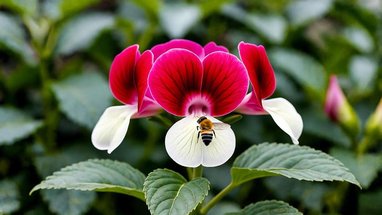 "Close-up of Hot Lips plant with red and white blooms and a bee in a garden."