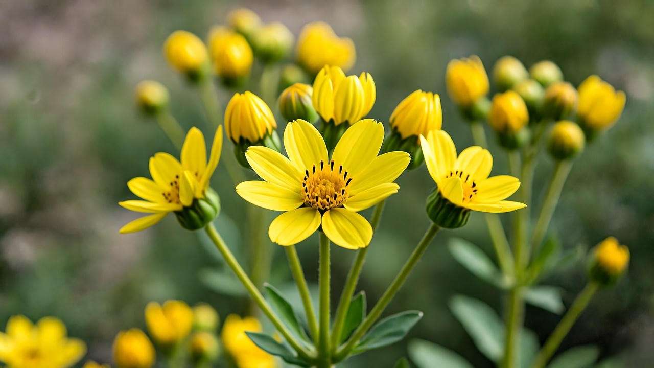 Close-up of sweet broom plant with yellow flowers and green stems in garden.