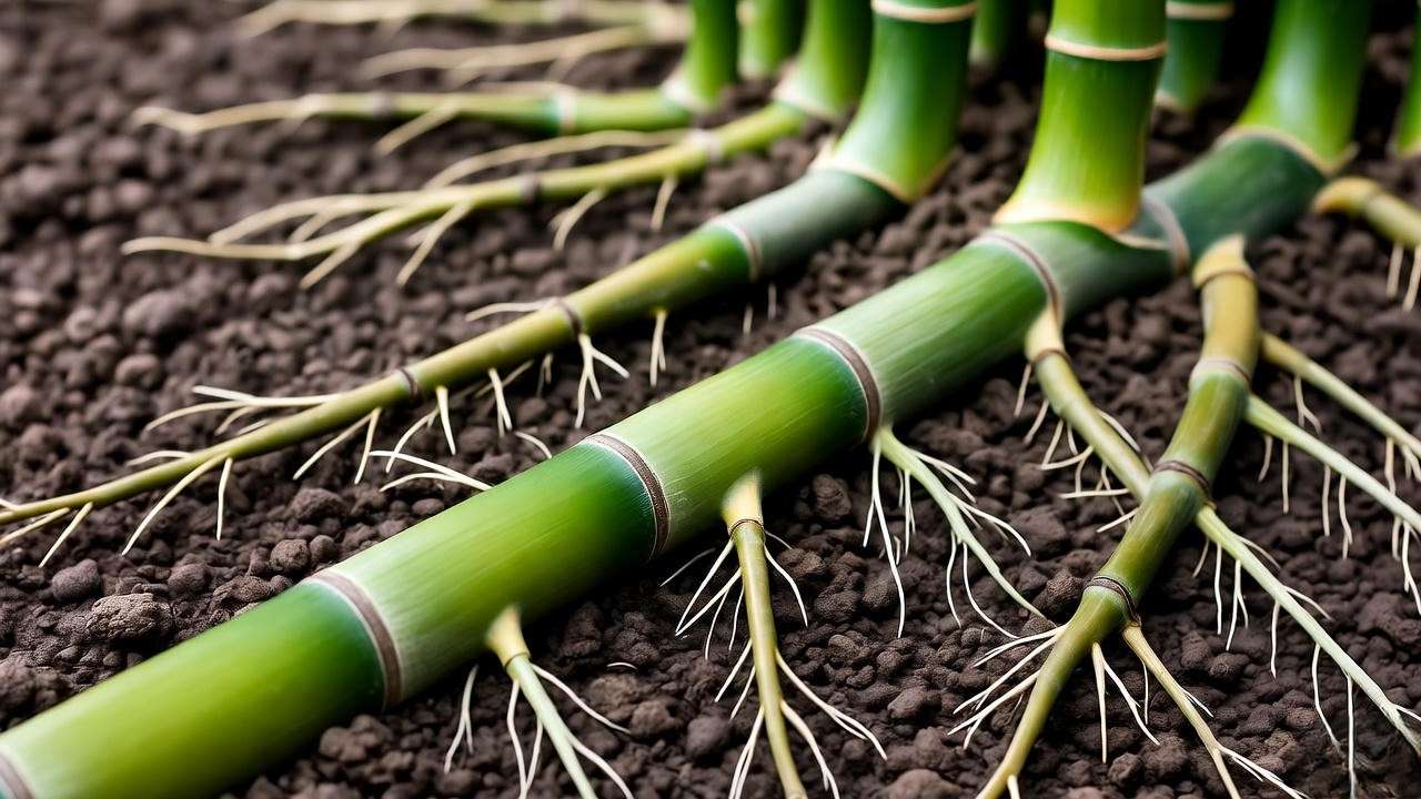 Close-up of bamboo rhizomes spreading underground with green shoots emerging."