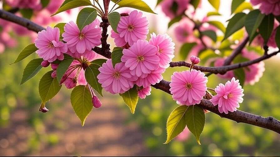 Vibrant pink cherry blossoms on a healthy tree branch in a spring orchard.

