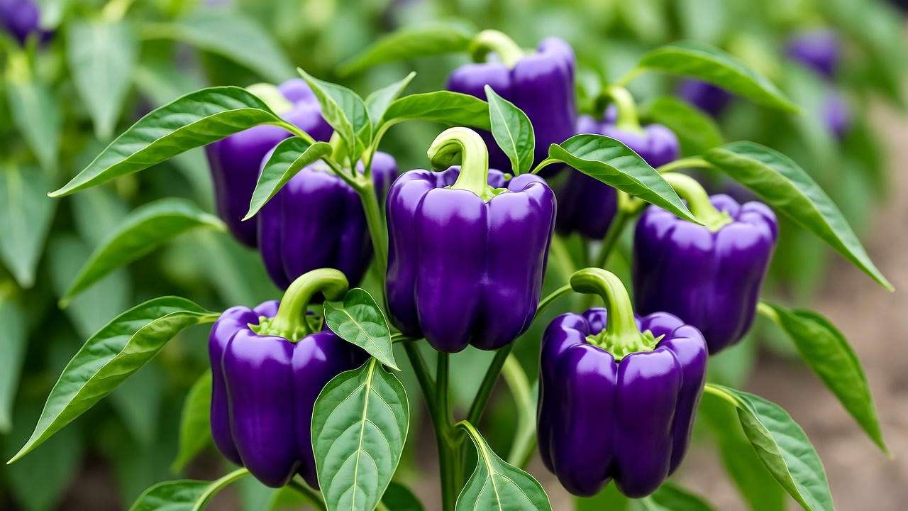 Close-up of purple bell pepper plant varieties like Purple Beauty and Lilac Bell in a garden"