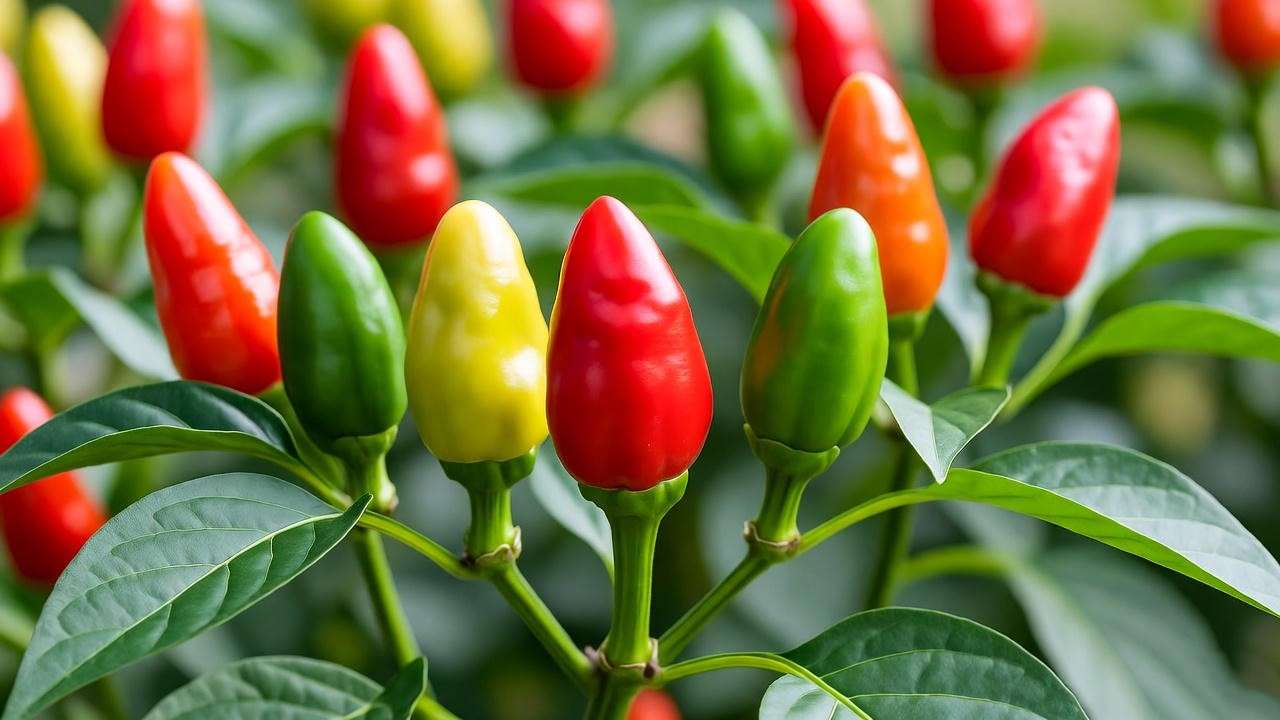 Close-up of a bird's eye pepper plant with red and green chilis, green leaves, and white flowers in a sunny garden, showcasing its vibrant growth.