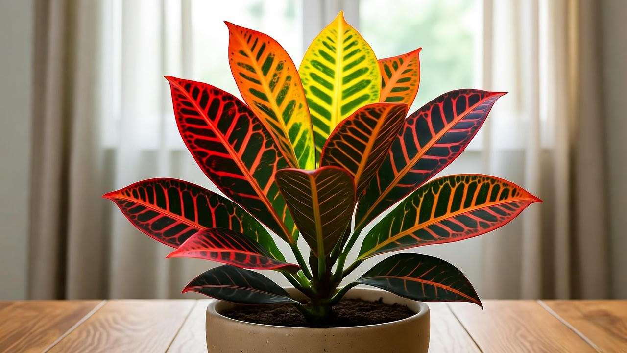 Vibrant Croton Petra plant with colorful leaves in a modern indoor setting, showcasing its tropical beauty.