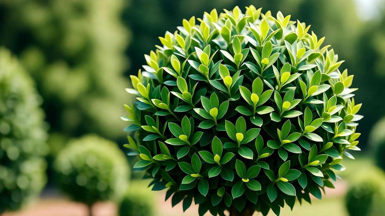 Close-up of a healthy Eugenia topiary plant with glossy green leaves in a garden"