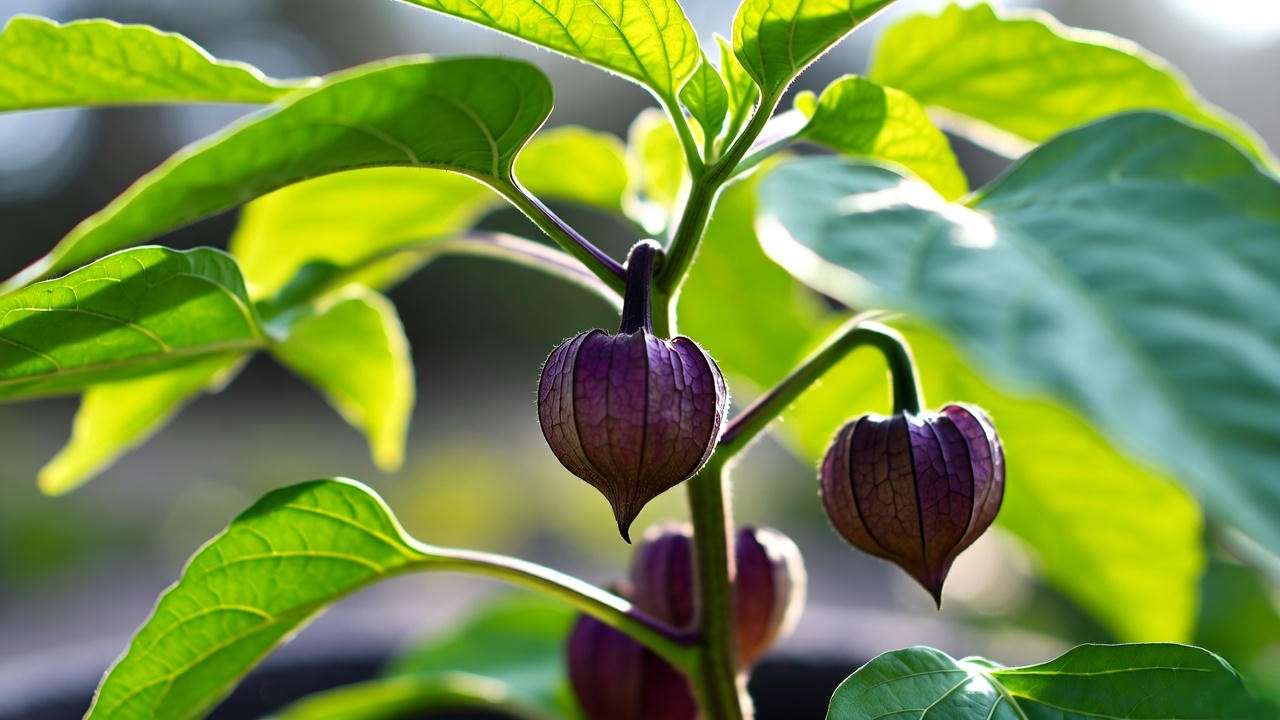 Purple tomatillo plant with ripe fruits and green leaves in garden