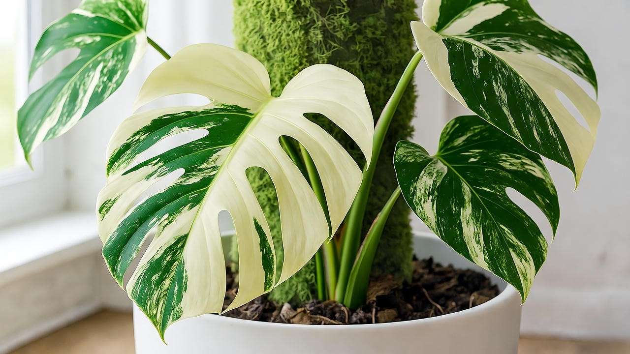Close-up of a white monstera plant with variegated leaves on a moss pole in a bright indoor setting.