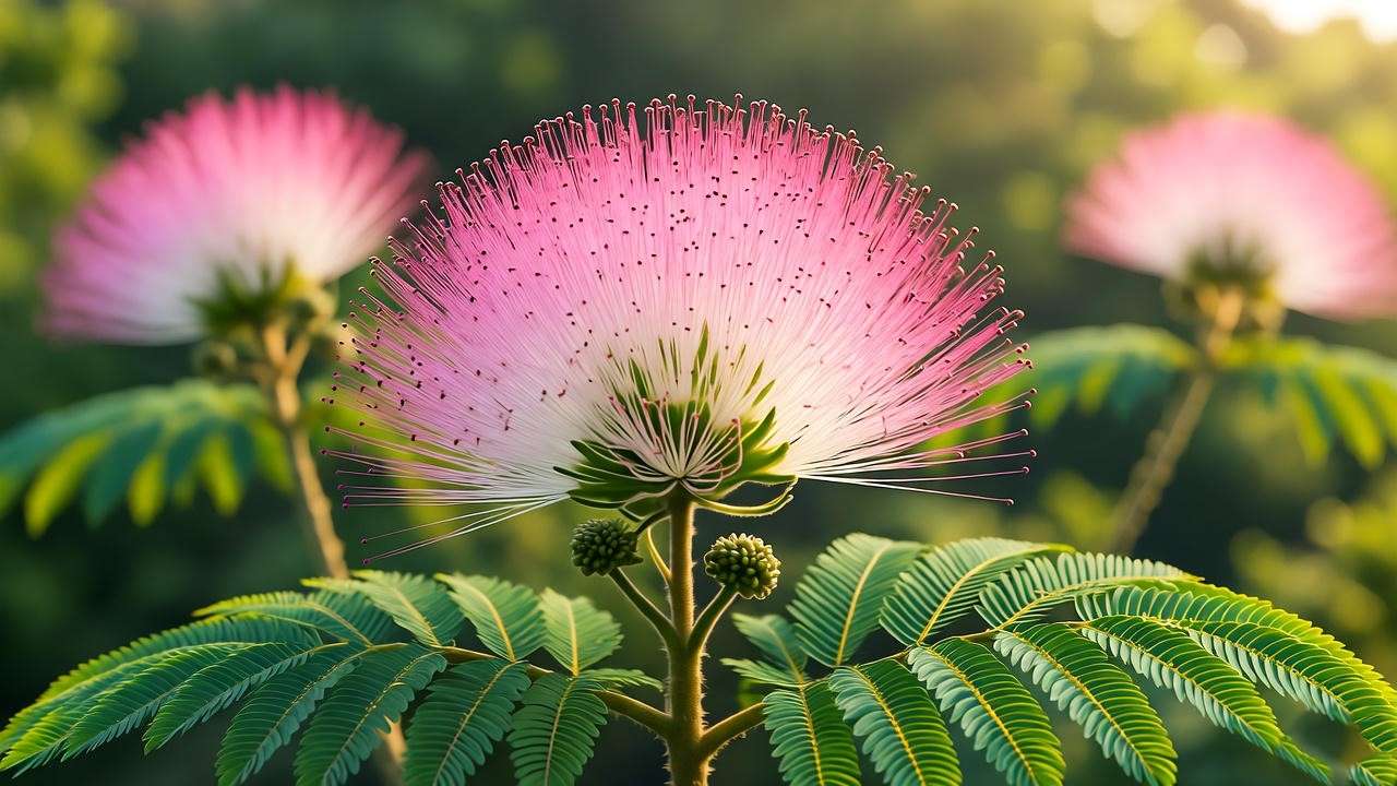 Close-up of vibrant pink Calliandra powder puff plant blooms with green foliage in a tropical garden.