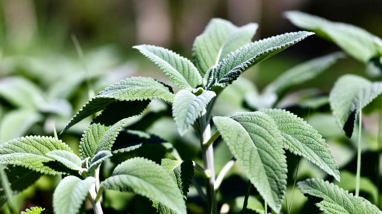 Close-up of Cleveland Sage leaves in a sunny garden, highlighting silvery-green foliage texture."