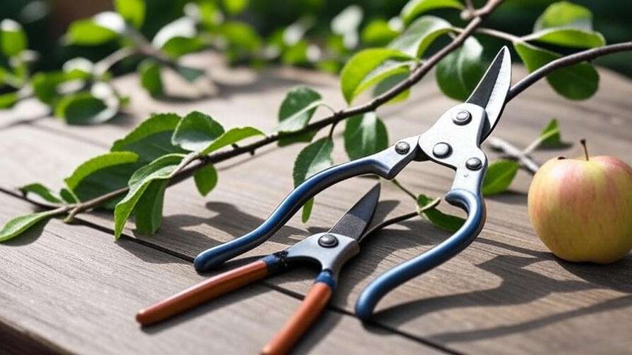 "Variety of pruning shears including bypass, anvil, and ratchet on a wooden table with apple branches".