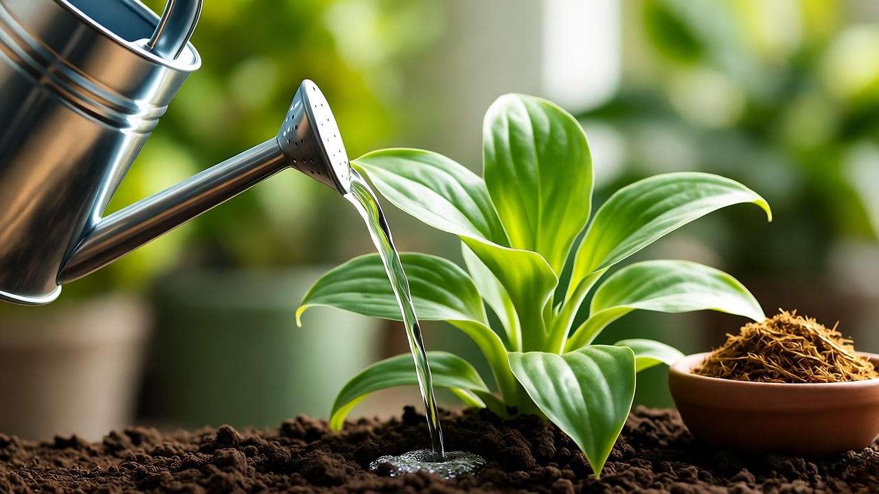 Furfuracea plant receiving diluted fertilizer with compost nearby.