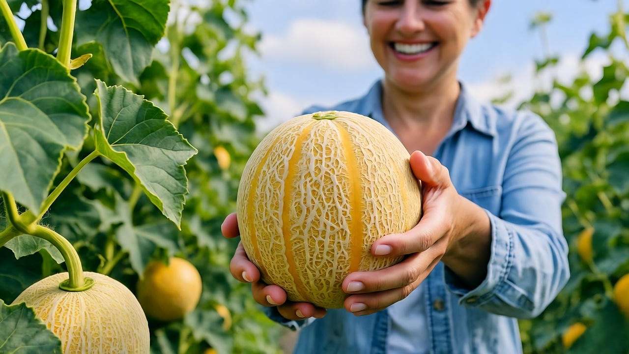 Gardener harvesting a ripe cantaloupe with a smile, other melons on the vine.