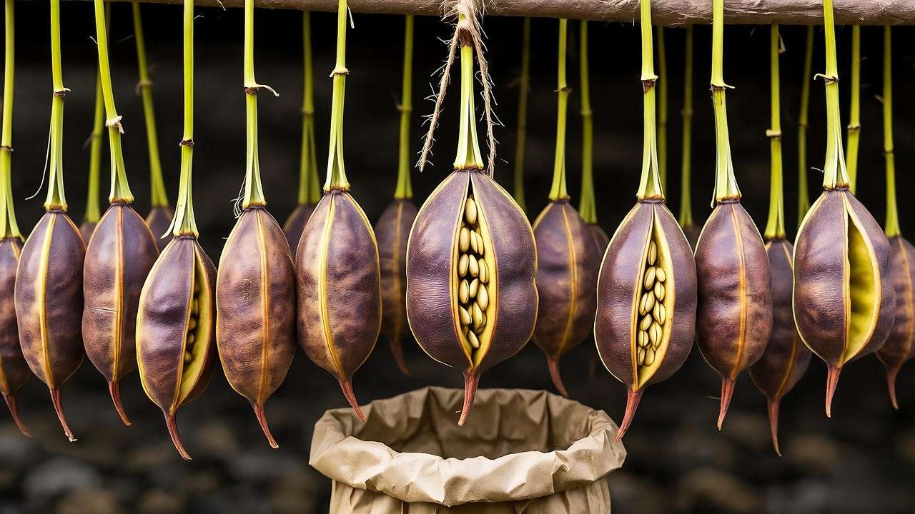 Mature sesame seed plant pods, brown and splitting, hanging to dry with a paper bag catching seeds.