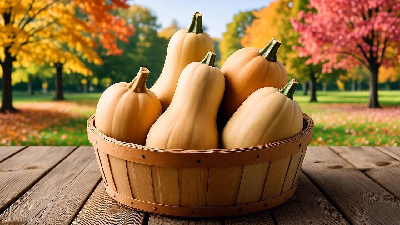 Basket of freshly harvested butternut squashes on a rustic table in a fall garden."