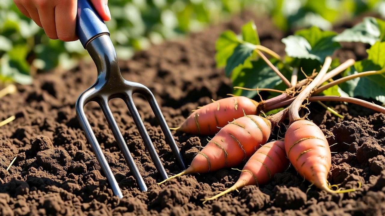 Gardener harvesting sweet potatoes with fork revealing orange tubers".
