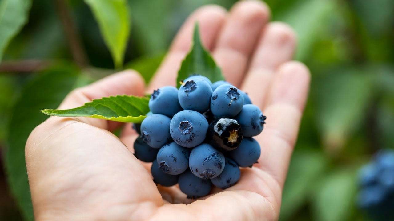hand holding ripe honey berries in garden"