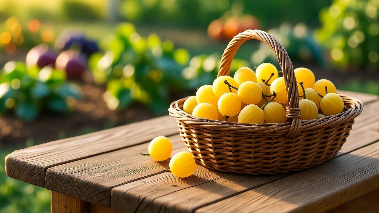 "Basket of freshly harvested yellow gooseberries on a wooden table with a kitchen garden background."