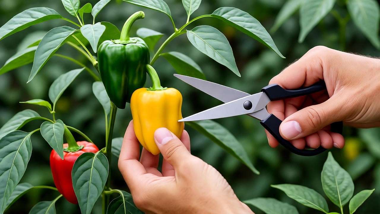 Gardener harvesting colorful Cubanelle peppers from a healthy plant."