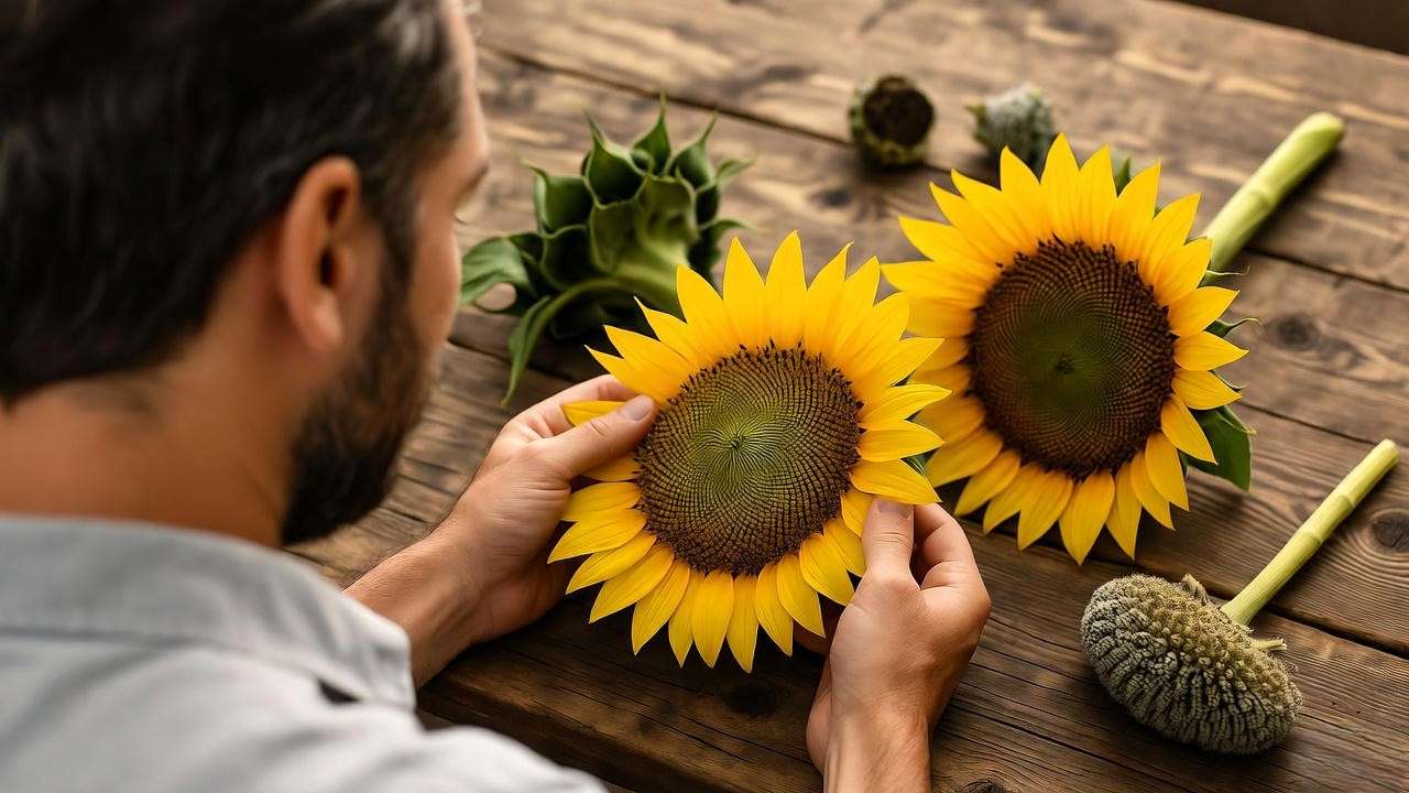 Gardener harvesting black oil sunflower heads with seeds on a table."