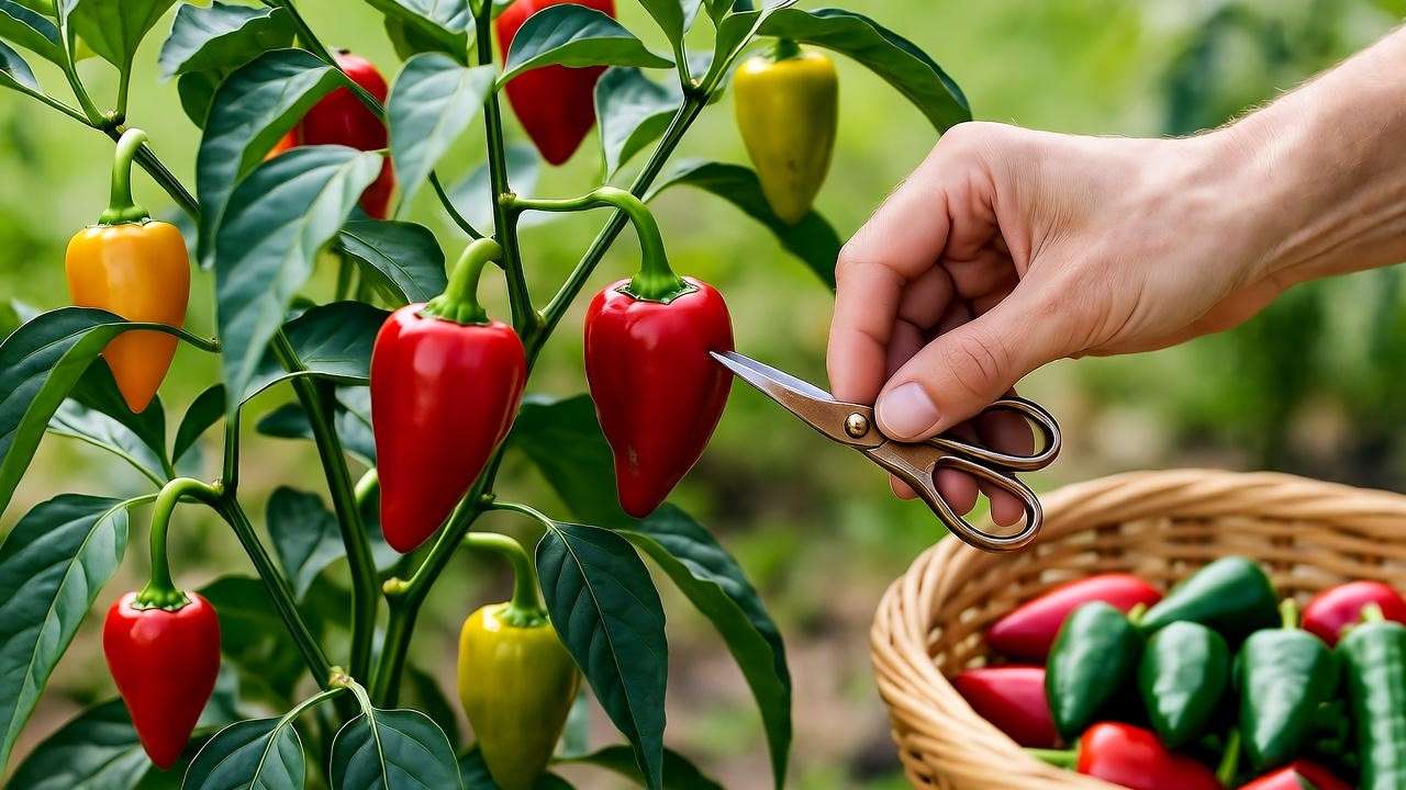 Gardener harvesting ripe red bird's eye peppers with scissors, with a basket of chilis nearby, showcasing proper chili harvesting techniques.