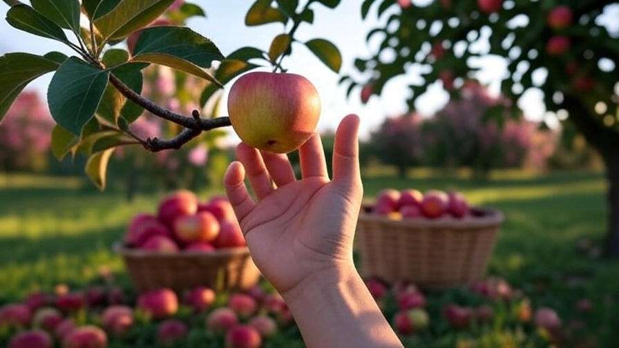 Hand harvesting a ripe Pixie Crunch apple with a basket and blossoms in an autumn garden."