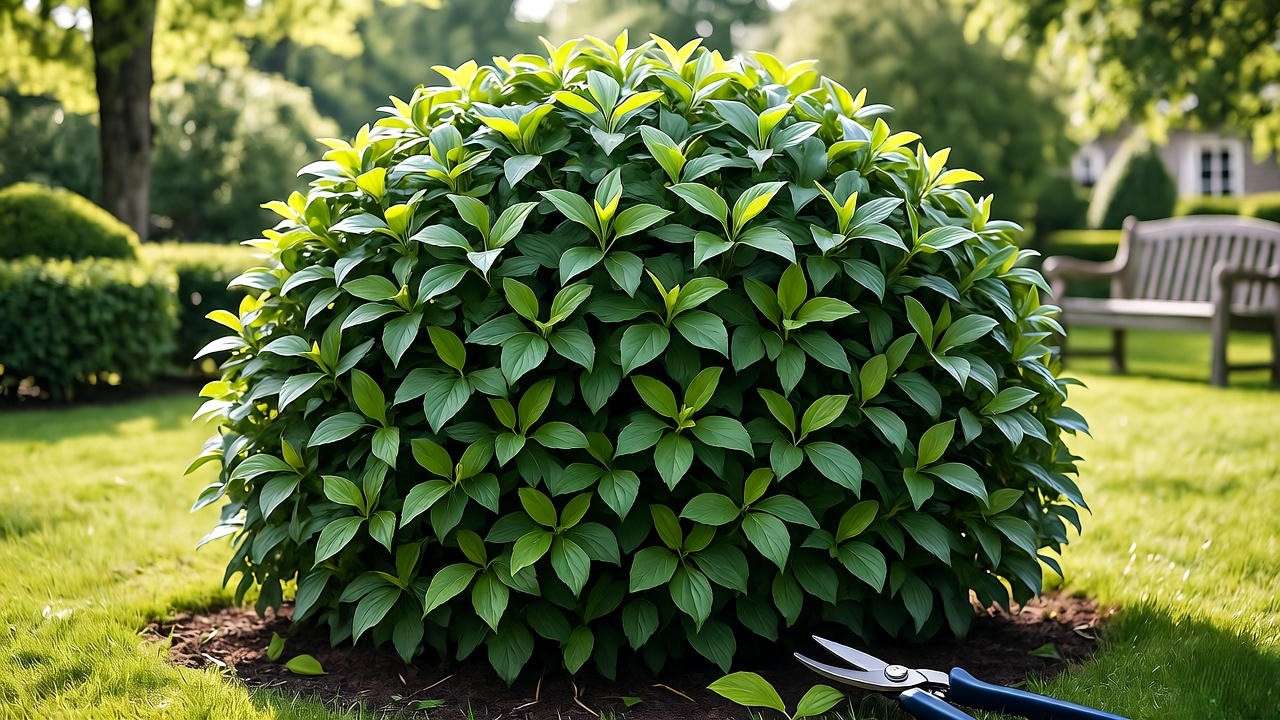 Neatly pruned Viburnum tinus hedge in a garden, shaped wider at the base, with pruning shears and trimmed branches nearby.