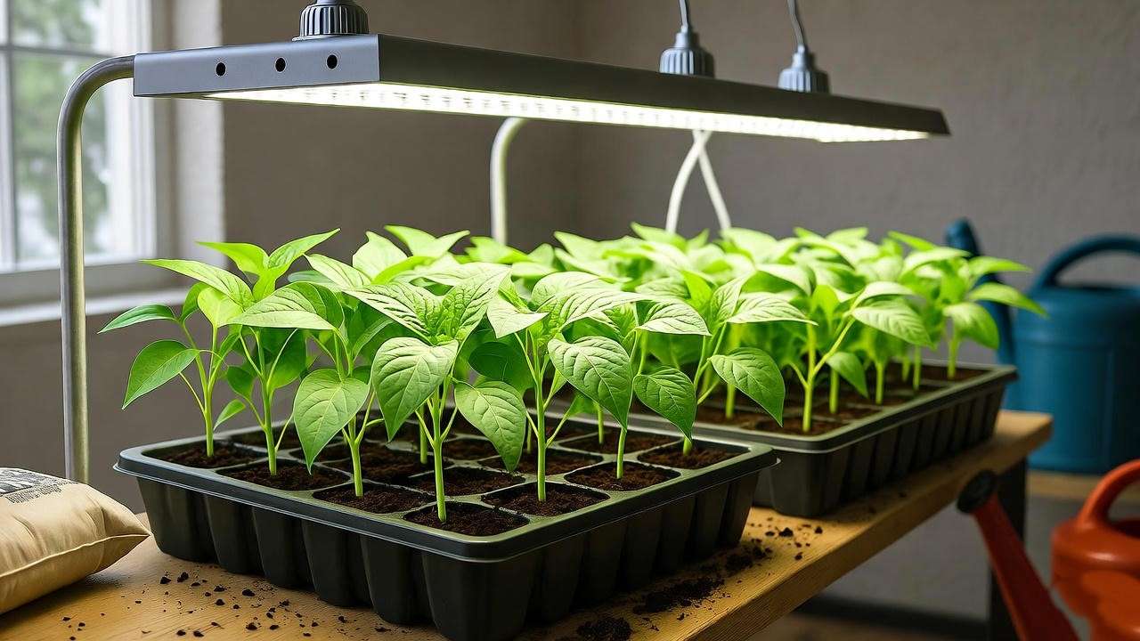 Indoor seed-starting setup with cherry hot pepper seedlings under grow lights."