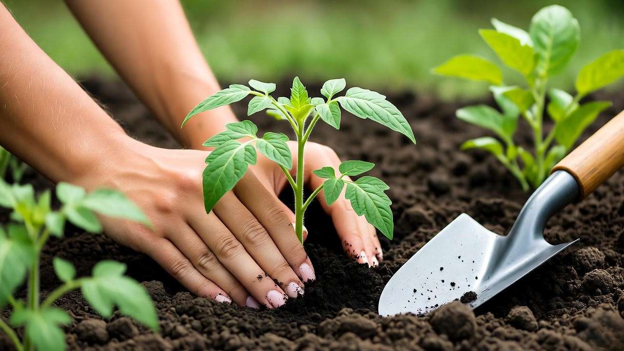 Gardener transplanting a tomato seedling into soil with a shovel in a sunny garden."
